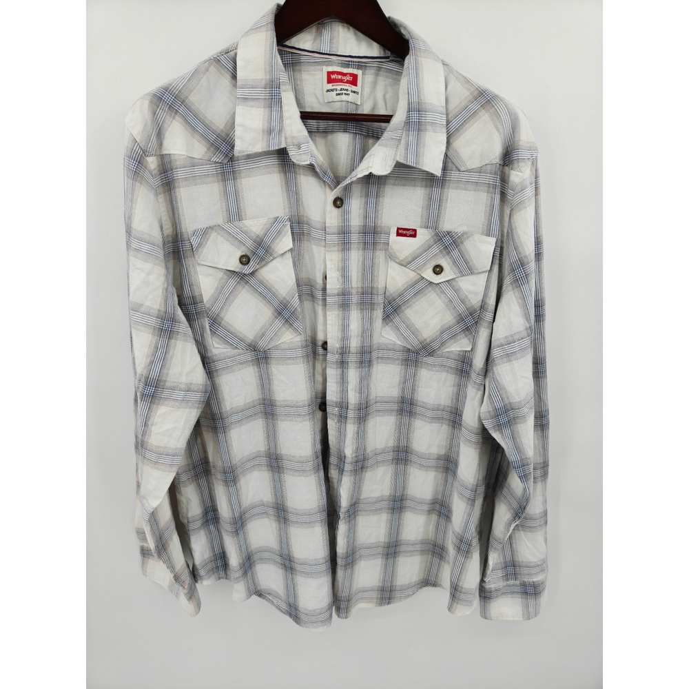 Wrangler Mens 2XL Plaid Long Sleeve Button Down Western Shirt Cream Blue 3775